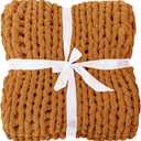 Bigacogo Chunky Knit Throw Blanket for Couch, 51x63 inches, 100% Hand Knitted with Thick Jumbo Chenille Yarn, Cozy Soft Large Rope Knot Cable Crochet Blankets for Sofa Bed Living Room, Burnt Orange