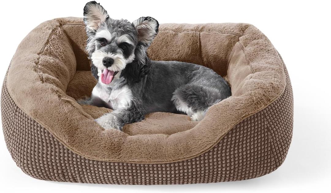 INVENHO Small Dog Bed Washable Orthopedic Calming Warming Durable Pet Bed with Anti-Slip Bottom (S (20"x19"x6"), Dark Brown)