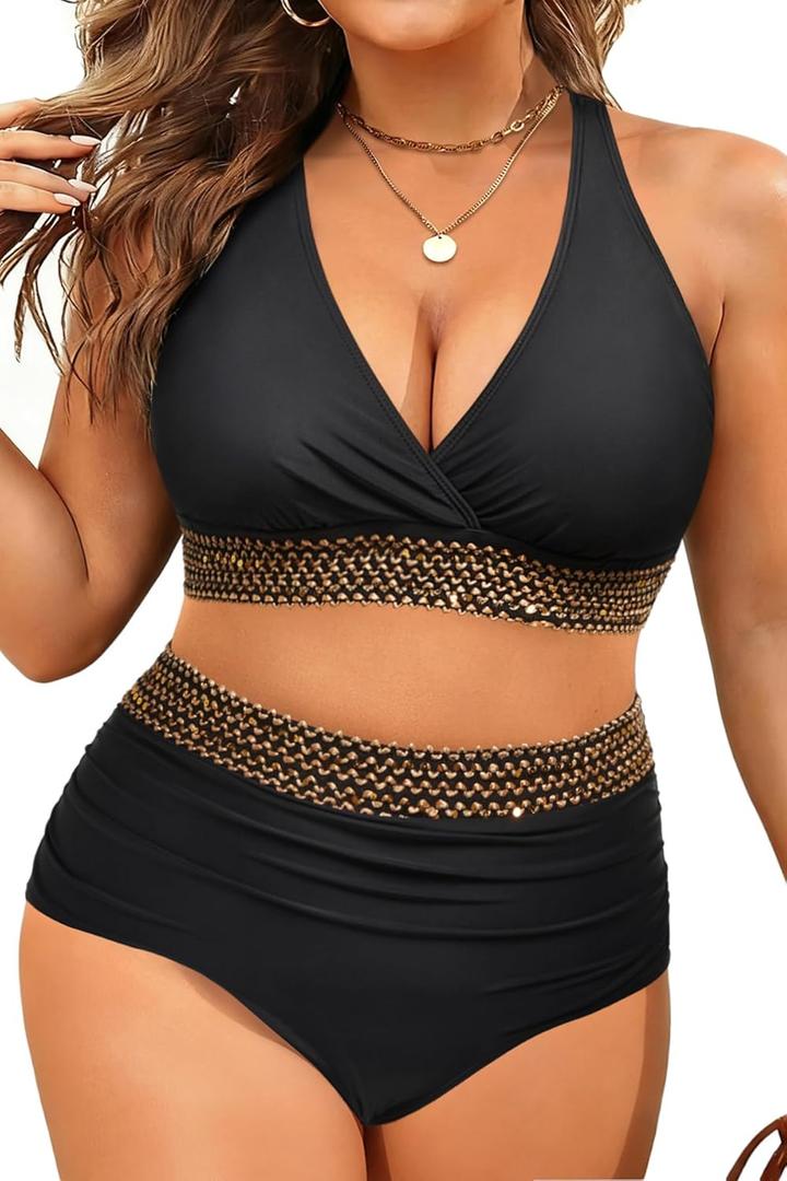 Yonique Womens Plus Size Bikini High Waisted Swimsuits Two Piece Bathing Suits Tummy Control Swimwear Black Weave, 16Plus