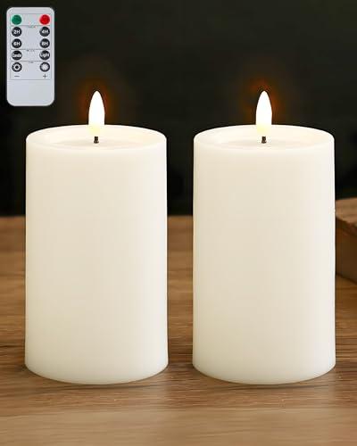 Gmnee 3"x4" Outdoor Waterproof Flameless Candles with Remote and Timers, LED Candles, Battery Operated Candles, Electric Fake Pillar Candles for Patio, Porch, and Lanterns Decor (White, Plastic), Set of 2