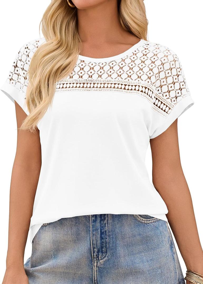 Imily Bela Womens Summer Tops Dressy Casual Short Sleeve Lace Trendy Shirts Crewneck T Shirt Hollow Out Loose Blouses (White, M)