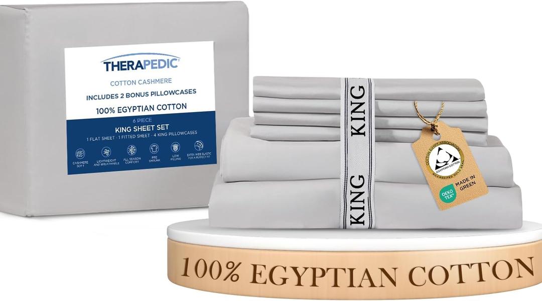 Therapedic 100% Egyptian Cotton King 6Piece Sheet Set – Naturally Cooling & Breathable Sateen, Preshrunk Garment Wash, 16" Deep Pocket Fitted Sheet, Bonus Pillowcases, Soft & Durable  Dove