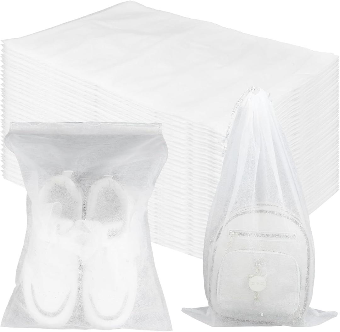 200 Pcs White Non-Woven Shoe Storage Bags  Dustproof Drawstring Travel Shoe Covers (12.5 x 18.5)  Breathable & Portable Organizers for Shoes, Boots, Purses