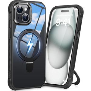Magnetic Ring Stand Case for iPhone 15, 16FT Military-Grade Protection Shockproof, Non-Slip, Anti Scratch, Textured Grip & Clear Back for Hands-Free Video Calls (Clear Black)
