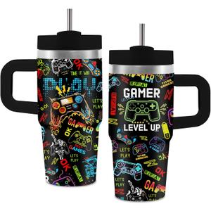 Hiboss Gamer Gifts for Boys, 14 oz Gamer Tumbler with Handle for Kids, Gaming Tumbler Presents for Him, Insulated Stainless Steel Gaming Mug Cup, Birthday Gifts for Gamers Teen Boys Men Son