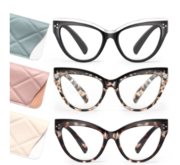 IBOANN 3 Pack Cat Eye Blue Light Glasses for Wome -Fashion Fake Eyeglasses Oversized Frame-Filtering Blu-Ray Computer 0.0