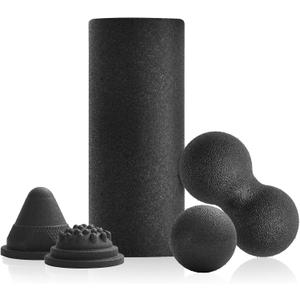 5 in 1 Foam Roller Set with Peanut Massage Ball, Curved Muscle Brush - Yoga Roller, Massage Ball, Trigger Point Triangle for Deep Tissue Relief (Black)