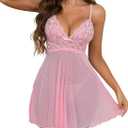 Rigeri Lingerie Sets for Women Sexy Lace Babydoll Strap Chemise Halter V Neck Sleepwear Sexy Mini Dress Pink Babydoll Dress Romantic Gifts For Her Light Pink S