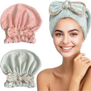 Jseng Microfiber Hair Towel Caps for Women with Cute Bowtie, 2Packs Fast Drying Hair Towel Caps for Curly Long Wet Hair Anti Frizz (Pink+mint Green)