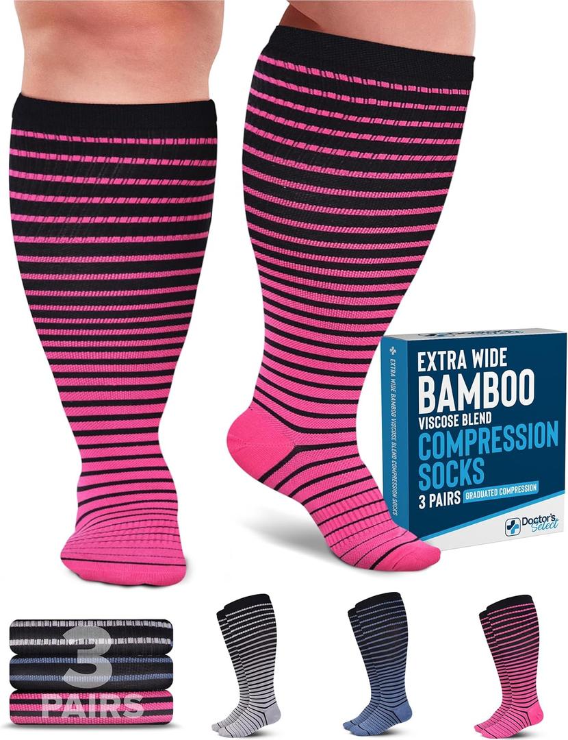 Doctor's Select 3 Pairs Plus Size Compression Socks Wide Calf | Bamboo Viscose Knee High Socks | Extra Wide Calf | Pink, Cobalt Blue, Grey (Black Stripes) XXL