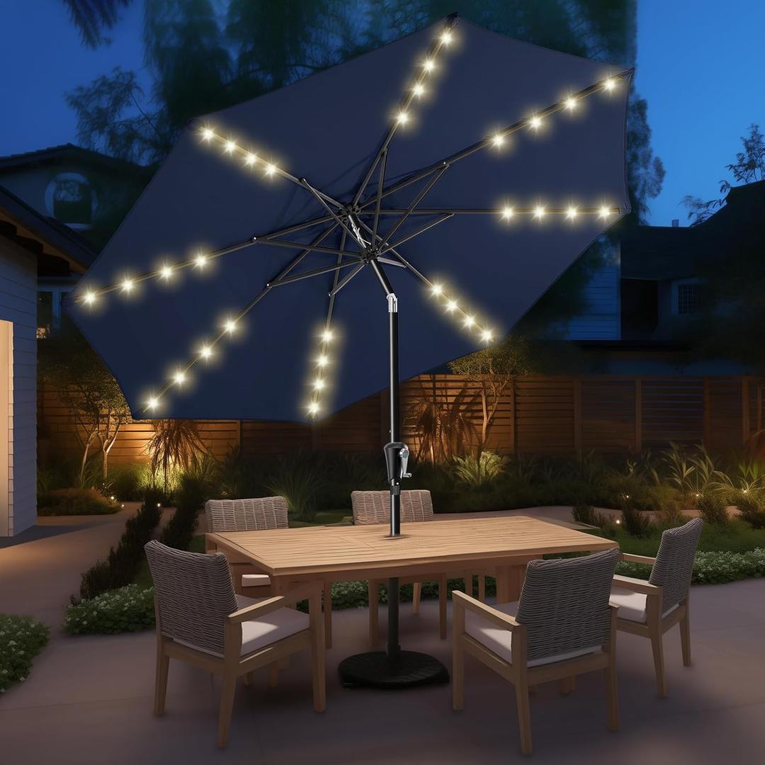 HOMSHADE 9ft Solar Patio Umbrella - Solar Lights LED Lighted Outdoor Market Table Umbrella, UPF50+ UV Protection with Push Button Tilt, Crank for Pool Deck and Garden (Navy Blue)