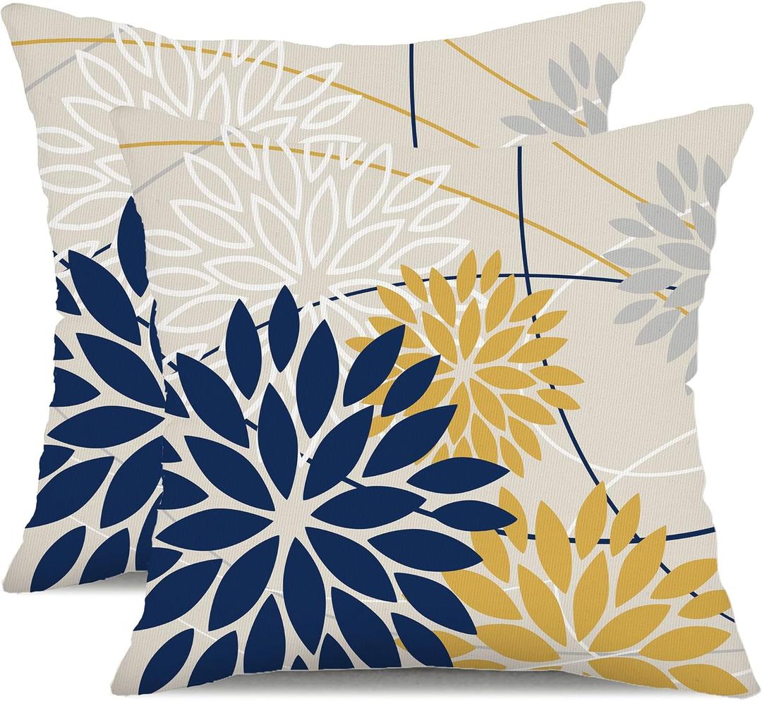 Outdoor Pillow Covers 16x16 Inch Set of 2 Navy Blue Yellow Outdoor Waterproof Decorative Throw Pillows Summer Spring Decor for Home Patio Funiture Garden Living Room Polyester Cushion Covers 01G16