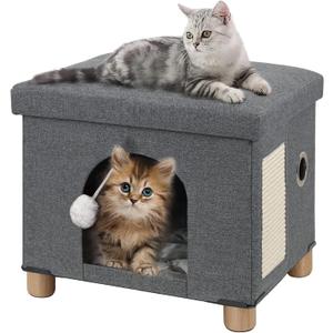 BRIAN & DANY Cat Beds for Indoor Cats,Large Cat Cave House for Kitten with Scratch Board & Ball, 17.7 x 14.8 x 15 inches, Gray (Large)