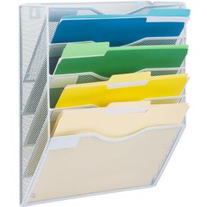 EASEPRES 5 Pocket Mesh Hanging Wall File Organizer, Wall Mounted Mail Paper Document Folder Holder, Clipboard Storage Organization Magazine Rack with Nametag Label for Office Home School, White
