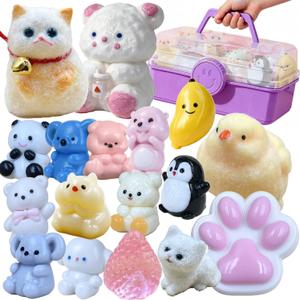 6 x Squishy Toys Set Storage Box - Kawaii Cute Mochi Taba Squishies Slow Rising, Stress Relief Fidget Pack Kids Adults, Includes Orange Cat, Chicken, Paw, Milk Bear Squeeze Toys Set