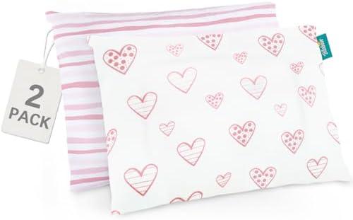 Biloban Organic Cotton 2 Pack Kids Toddler Pillowcase for Children Toddler Pillows 13"x 18" or 14"x19", Envelope Travel Toddler Pillow Cover Case (Pink Print)