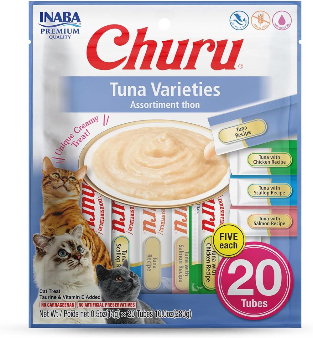 INABA Churu Cat Treats, Lickable, Squeezable Creamy Pure Cat Treat with Green Tea Extract & Taurine, 0.5 Ounces Each Tube, 20 Tubes, Tuna Variety