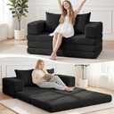 Boneless Loveseat Sofa Bed,Small Couch Bed Futon Sleeper Sofa,Convertible Pull Out Couch with Removable Armrests Backrest,Corduroy Folding Floor Boneless Couch for Living Room,Small Space,Black