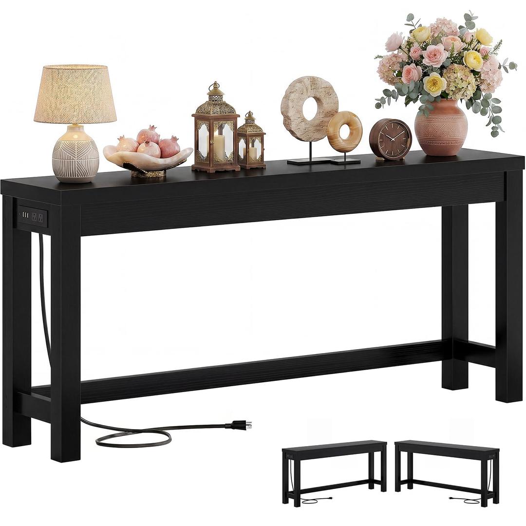 Cyclysio 47" Console Table with 2 AC Outlets & 3 USB Ports, Black