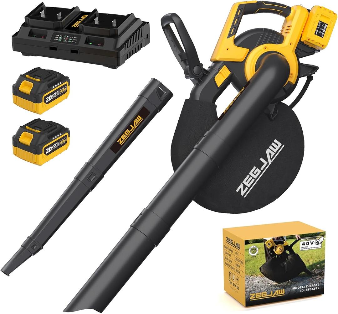 ZEGJAW 40V Cordless Leaf Blower & Vacuum, 3-in-1 Leaf Vacuum Mulcher with Bag, 360CFM 5-Speeds Brushless Battery Operated Leaf Blower for Lawn Care with 2 x 4.0Ah Battery & Charger Included