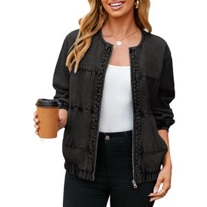 Glamaker Womens Denim Bomber Jacket Trendy Casual Zip Up Crew Neck Long Sleeve Loose Fit Jean Jacket Fall Outfits (Black, M)