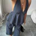 SweatyRocks Women's 2 Piece Outfits Striped Open Back Halter Peplum Top with Pants Matching Sets Dark Blue Medium