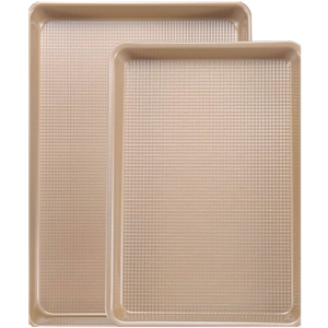 Cookie Sheets for Baking Nonstick, 2 Pack Heavy Duty 0.8mm Baking Sheet Pan Set Quarter(9x13in) & Jelly Roll(10x15in) with Diamond Texture, Gold Commercial Grade, Small Oven Safe