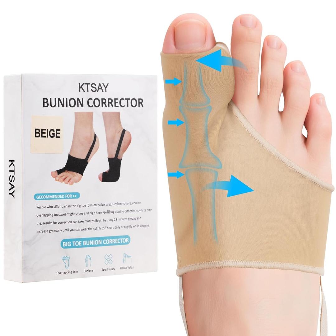 KTSAY 2PCS Bunion Corrector for Women & Men, Big Toe Straightener with Splint & Pads, Comfortable & Breathable for Day/Night Support, Hallux Valgus Pain Relief NonSlip Socks, Beige