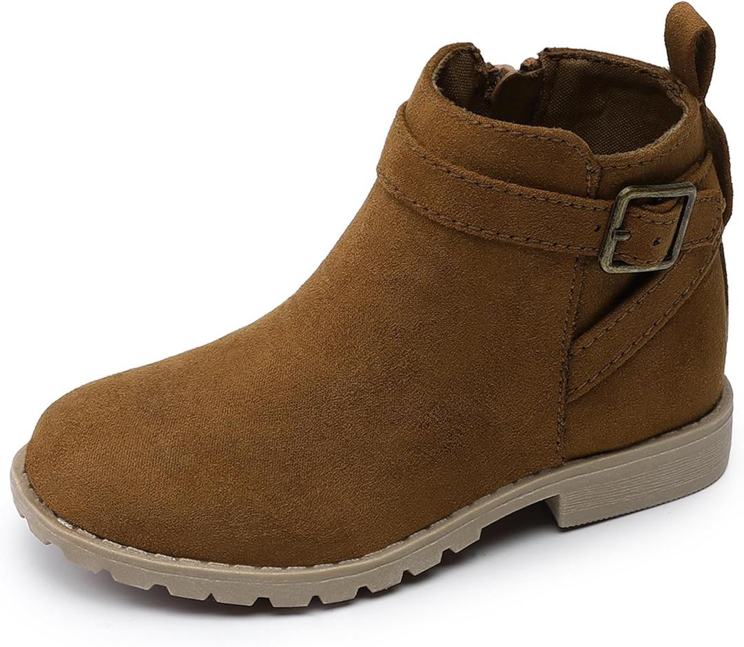 HOMEHOT Girls Ankle Boots Suede Leather Side Zipper Low Heels short (toddler/littile kids) (12 Little Kid, Camel Brown)
