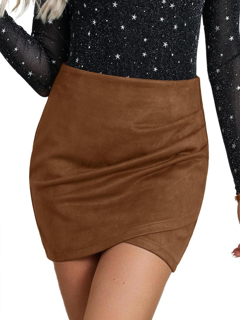 Ezcosplay Women High Waisted Faux Suede Ruched Wrap Mini Skirt Asymmetrical Tulip Hem Bodycon Short Skirts (Medium, Khaki)