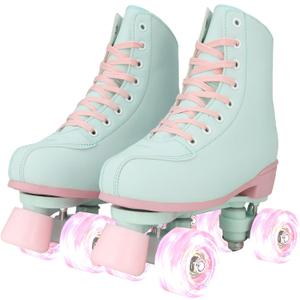 XUDREZ Roller Skates for Girls and Women, Light Green PU Leather Indoor Outdoor Roller Skates with Pink Light Up Wheels for Youth Kids Girls | 38-US Women 7, Youth 6