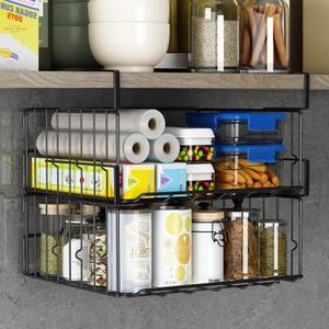 Under Shelf Storage Baskets, Foldable Carbon Steel Under Cabinet Basket for Kitchen Cabinets Pantries Bookshelves Desk, Space-Saving Storage Solution (Black, 2 Pack)