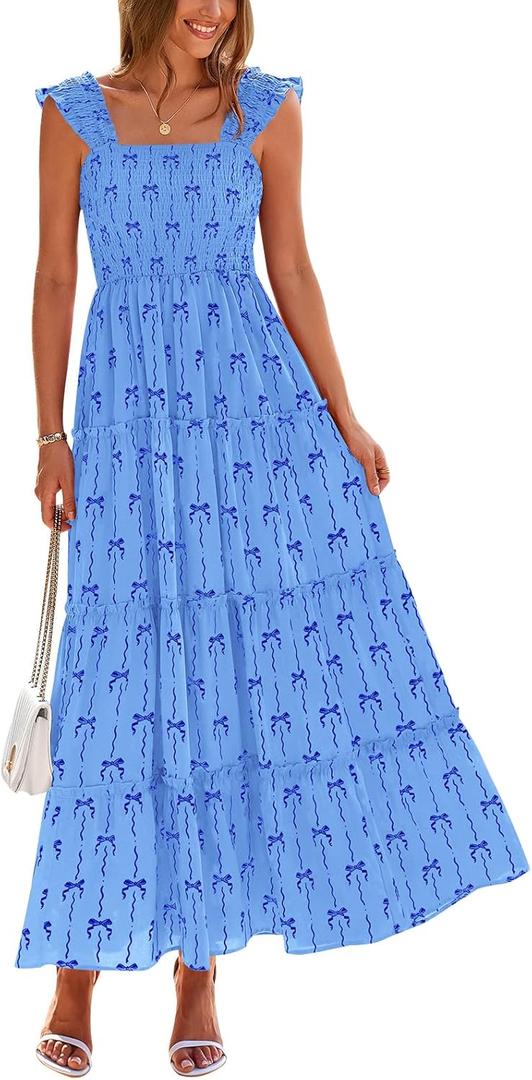 PRETTYGARDEN Women's 2025 Floral Maxi Sundress Smocked Tank Dress Sleeveless Ruffle Summer Tiered Long Dresses (M)