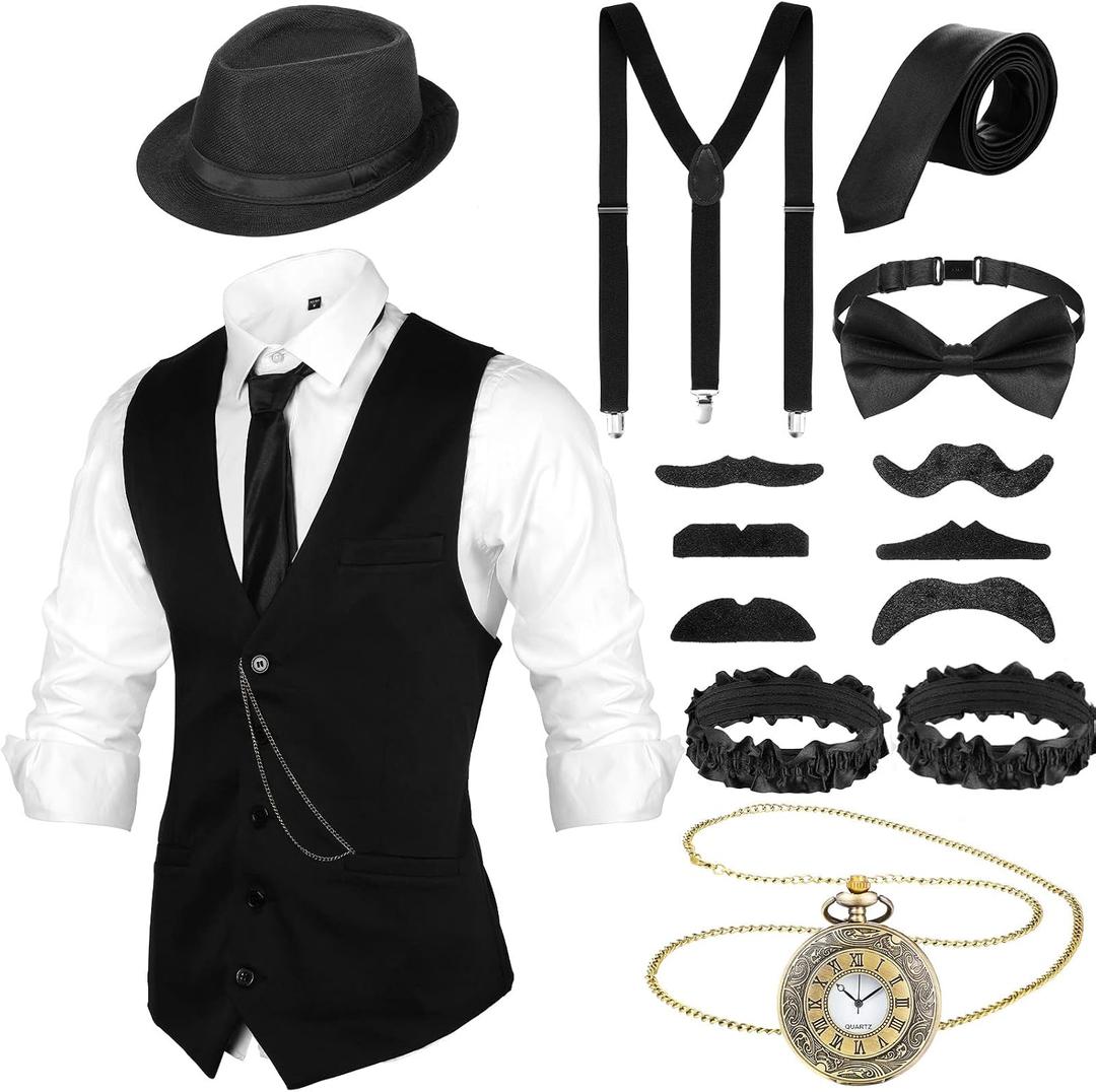 1920s Men's Accessories Gatsby Gangster Clothing Costume Halloween Cosplay Outfit with Vest Fedora Hat Pocket Watch Suspenders Tie for Man Halloween Cosplay (Medium)