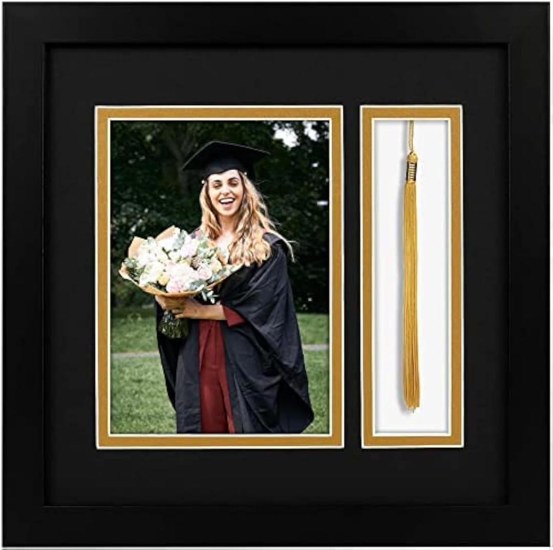 Golden State Art 10x10 Graduation Frame with Real Glass - Fits 5x7 Photo & Tassel - Double Mat (Black Over Gold) Signature Collection - Diploma Frame with Tassel Holder for Wall Display (Set of 1, Black/Gold Mat)