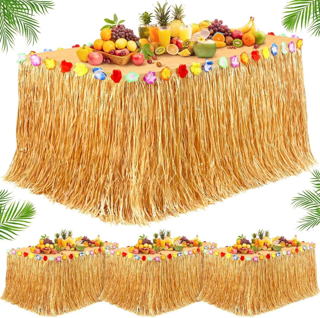 Fovths 4 Pack Luau Grass Table Skirt 9 Feet x 29.5 Inch Hawaiian Grass Table Skirt with Flowers Natural Hawaiian Party Decorations for Luau Birthday Summer Beach Party Supplies, Dark Straw Yellow