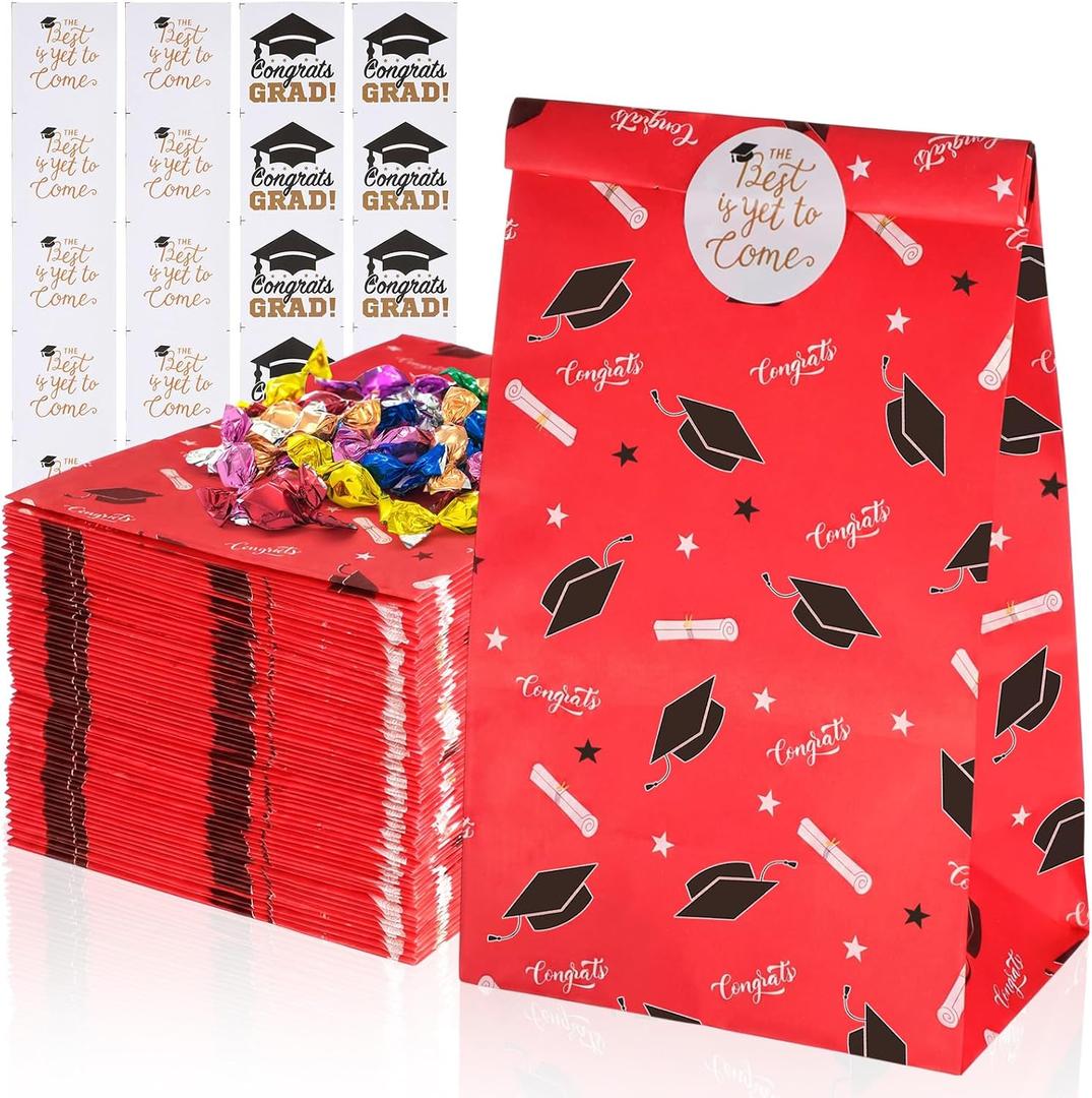 Kolldenn 60 Pcs 2026 Graduation Treat Bags with Stickers Red Paper Graduation Gift Bags Bulk for Congrats Grad Party Favors Wrapping Candy Goodie Popcorn Snack Senior College Masters Degree Supplies