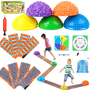 Stepping Stones for Kids, Textured Balance Pods and Adventure Floor Mats Set, Inflatable Balance Ball for Kids and Adults, Obstacle Course Sensory Toys Great for Indoor Outdoor Play Family Fitness Fun
