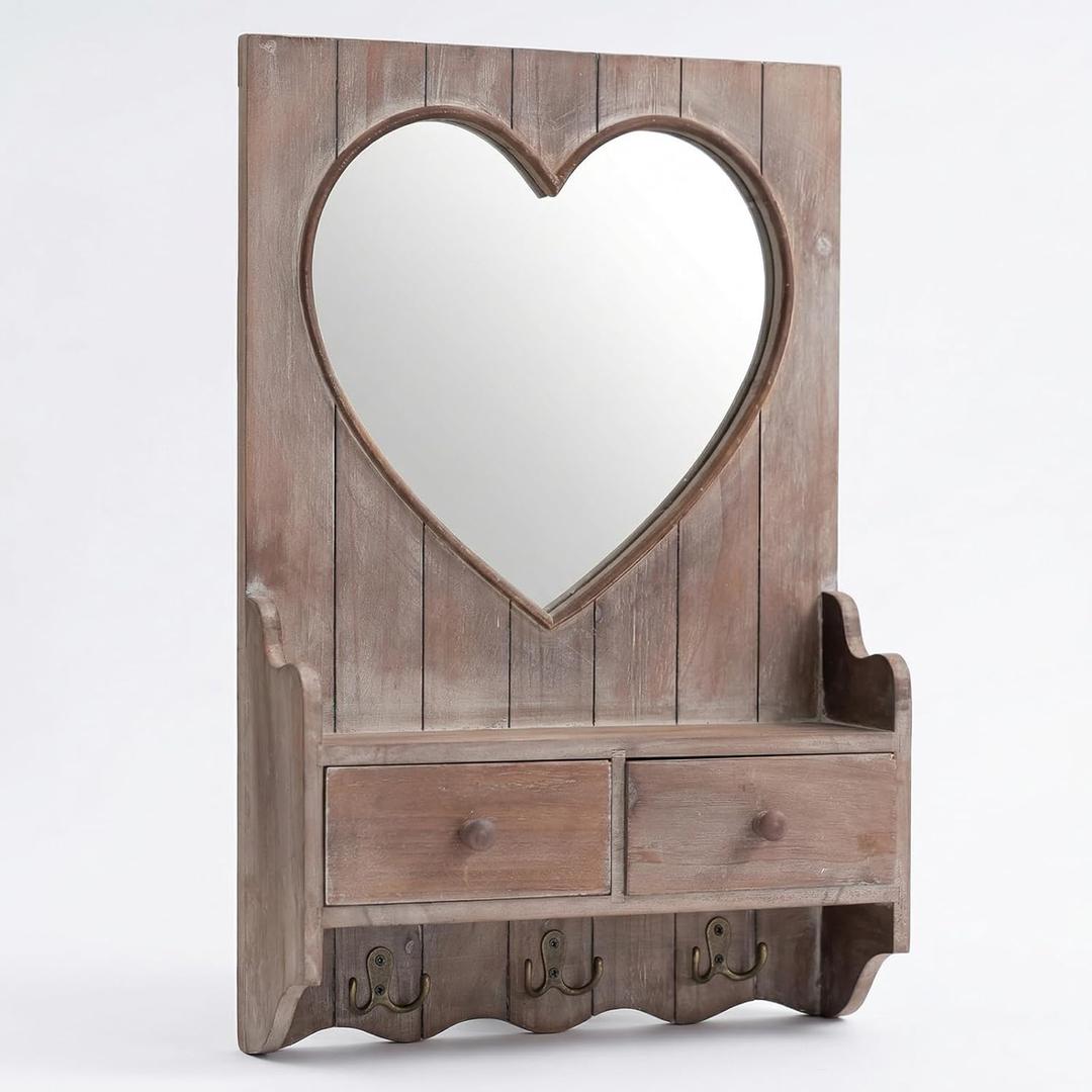 Rustic Farmhouse Wooden Entryway Mirror with Shelf and Hooks, 16"x24" Heart Shape Wood Frame Wall Mirror with Storage Drawer (Distress Brown)