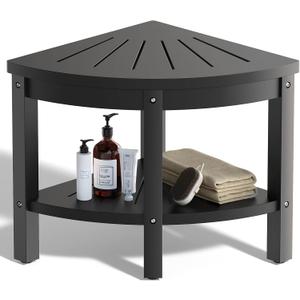 17.7" Shower Stool for Inside Shower, Poly Lumber Corner Shower Bench with Storage Shelf & Adjustable Height Legs, 400LBS Shower Seat, Foot Rest for Shaving Legs, Indoor/Outdoor Use (Black)