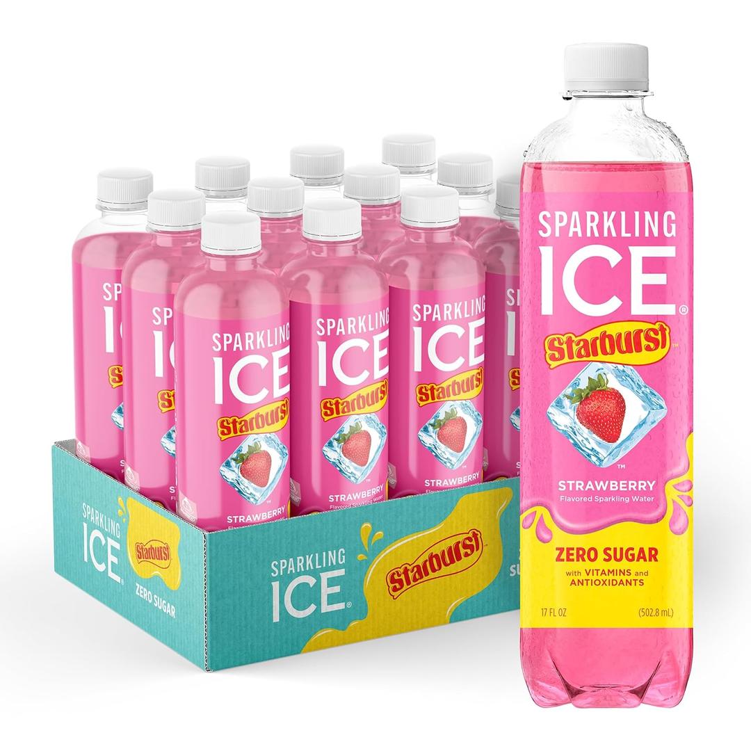 Sparkling Ice STARBURST Strawberry, Zero Sugar Flavored Sparkling Water, with Vitamins and Antioxidants, Low Calorie Beverage, 17 fl oz Bottles (Pack of 12), BBD: Feb 2, 2025