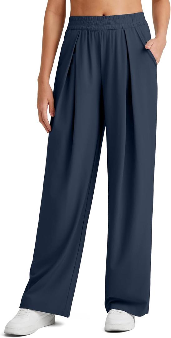 G4Free Lightweight Wide Leg Pants Women Trendy Flowy High Waisted Front Pleat Travel Pant Casual Lounge Trousers (Small Petite, Dark Blue)