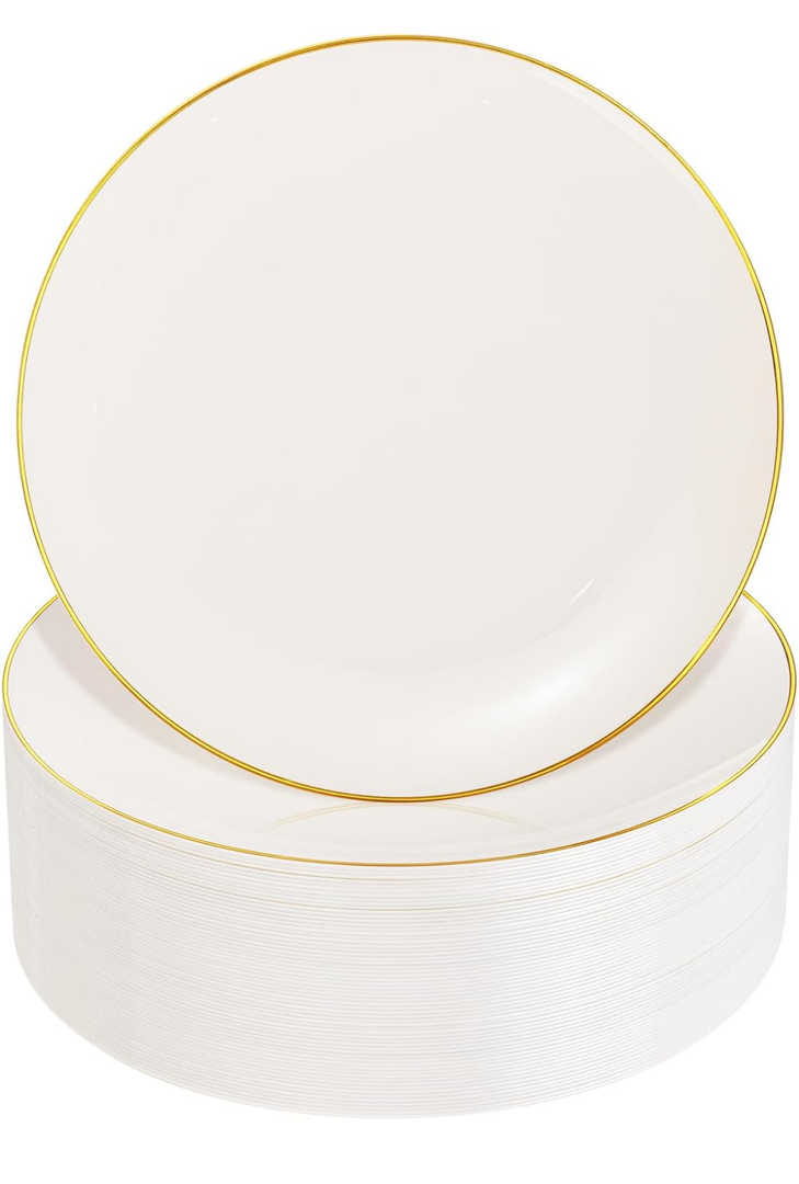 Nervure 100Pcs Ivory and Gold Plastic Plates - 10.25inch Disposable Ivory Dinner Plates - Heavy Duty Plastic Plate Ideal for Wedding & Party