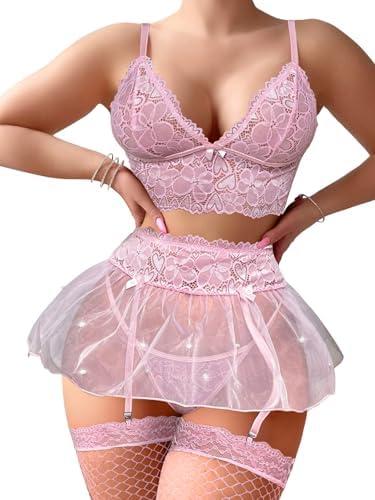 Foxiny Sexy Stocking Mini Skirt Wireless Mesh Lace Garter Lingerie with Thong Set 4 Pieces M