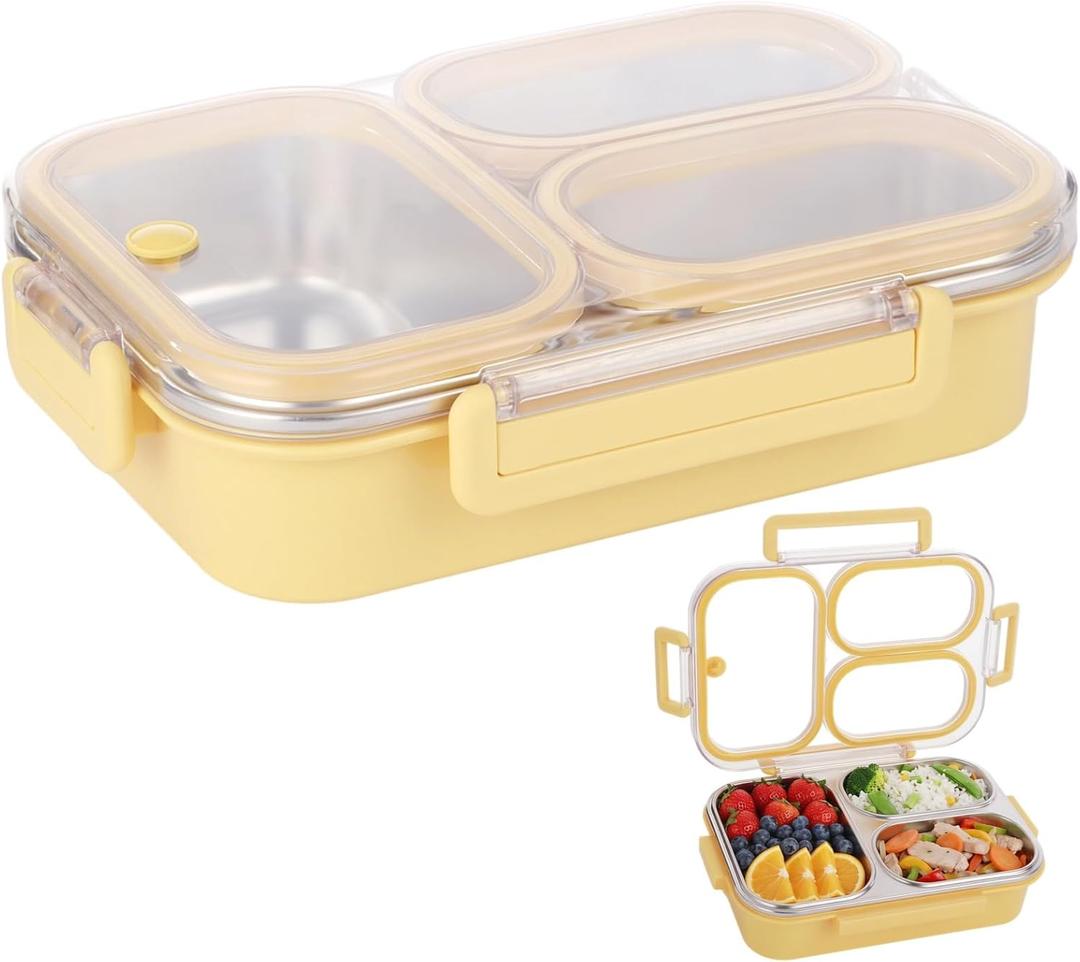 3-Compartment Stainless Steel Bento Box, Lunch Container with Leakproof Lid Individual Silicone Rings, Portable Divided Snack Container Metal Food Storage Box for Office Picnic Gym