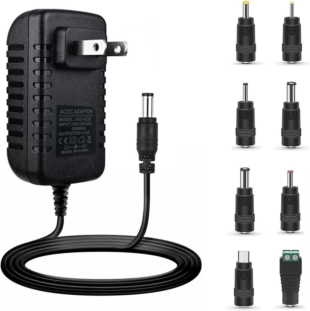 5V 2A Power Adapter, Dc 5V Power Cord with 8 Selectable Plug, Universal Power Adapter for Led Power Supply, CCTV Camera, BT Speaker, GPS, Webcam, Router - 2000mA Max