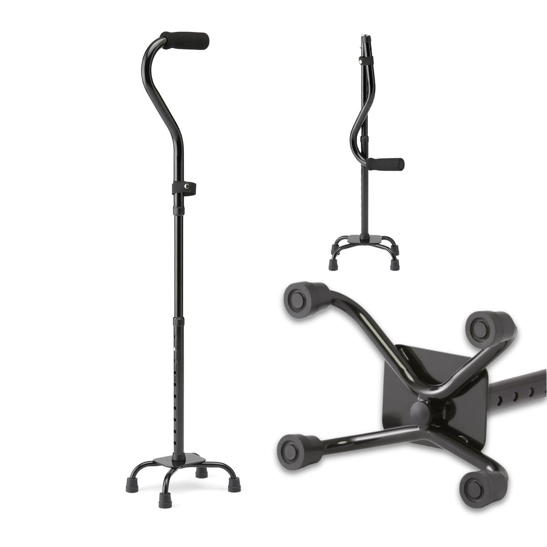 Medline Folding Quad Cane, Small Base, Quad Base for Greater Stability, Skid-Resistant Rubber Tips, Lightweight Aluminum, Black