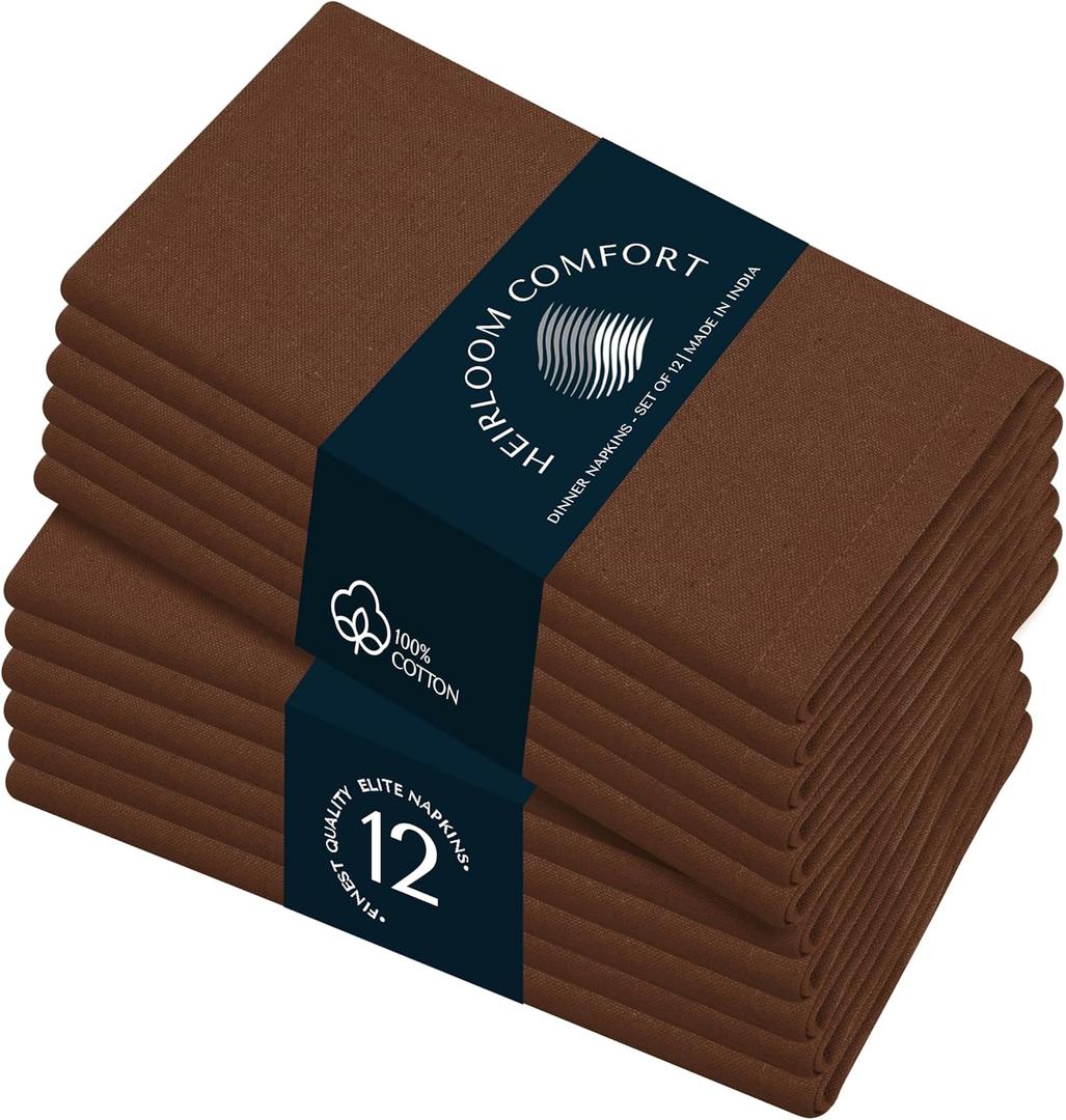 Brown Cloth Napkins - 100% Cotton, Soft, Durable, Absorbent, Washable - 12 Pack - Ideal for Spring, Summer Gatherings, Farmhouse, Rustic Weddings, Thanksgiving, Fall, 17x17 Inch