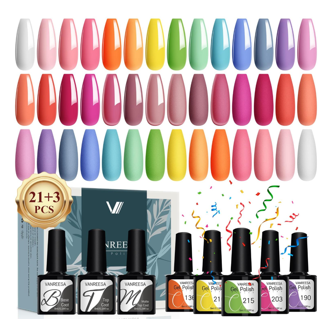 VANREESA 24 Pcs Gel Nail Polish Set 21 Popular Colors Gel Nail Polish Base Coat Glossy & Matte Top Coat White Pink Green Blue Purple Gel Polish Gel Nail Kit Gifts for Women DIY at Home Macaroon Time