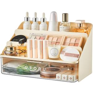 3-Tier Display Riser with Large Detachable Drawer, Plastic Storage Shelf, Perfume and Cologne Organizer Stand, Makeup Organizer for Vanity, Bathroom, Office, Cream White